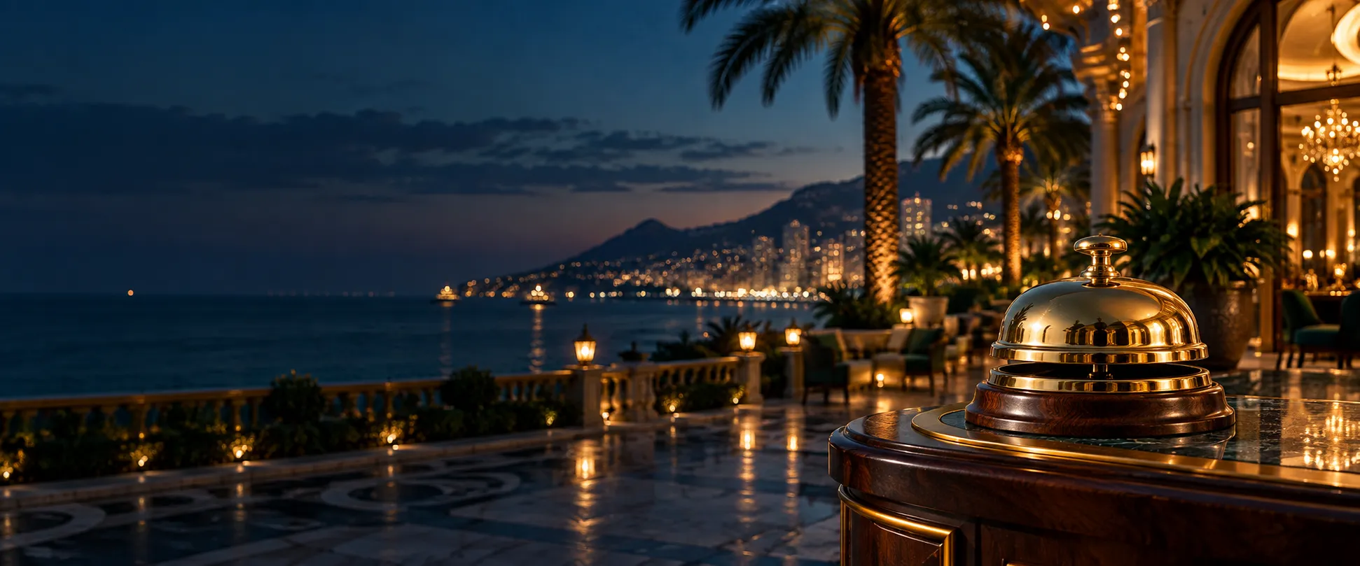 A gold concierge bell on a palm-lined casino terrace by the sea