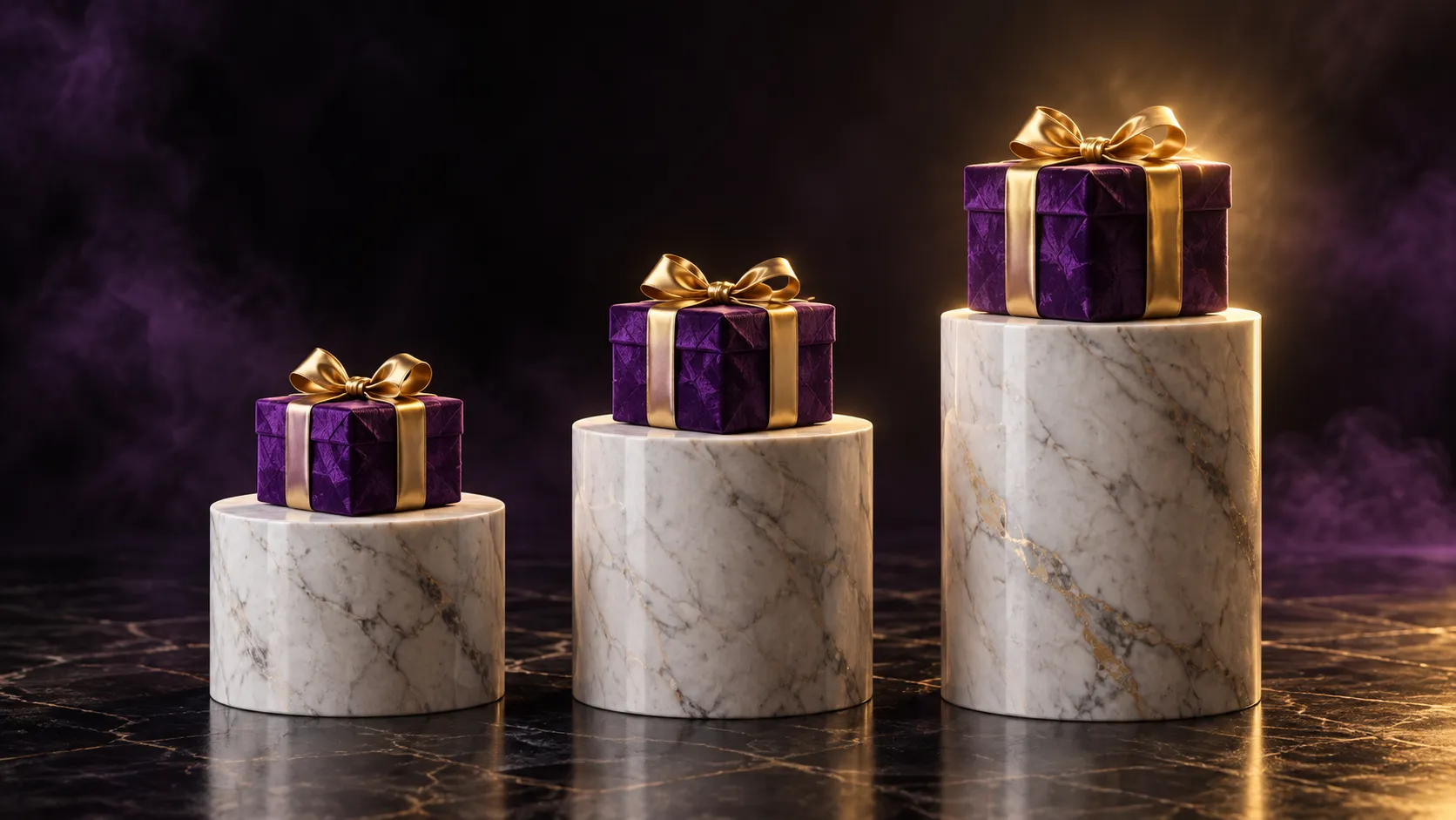 Three raised plinths representing the welcome package's step-by-step structure