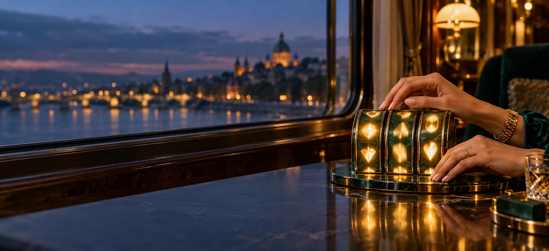 Hands beside glowing slot reels on a table in a train lounge car