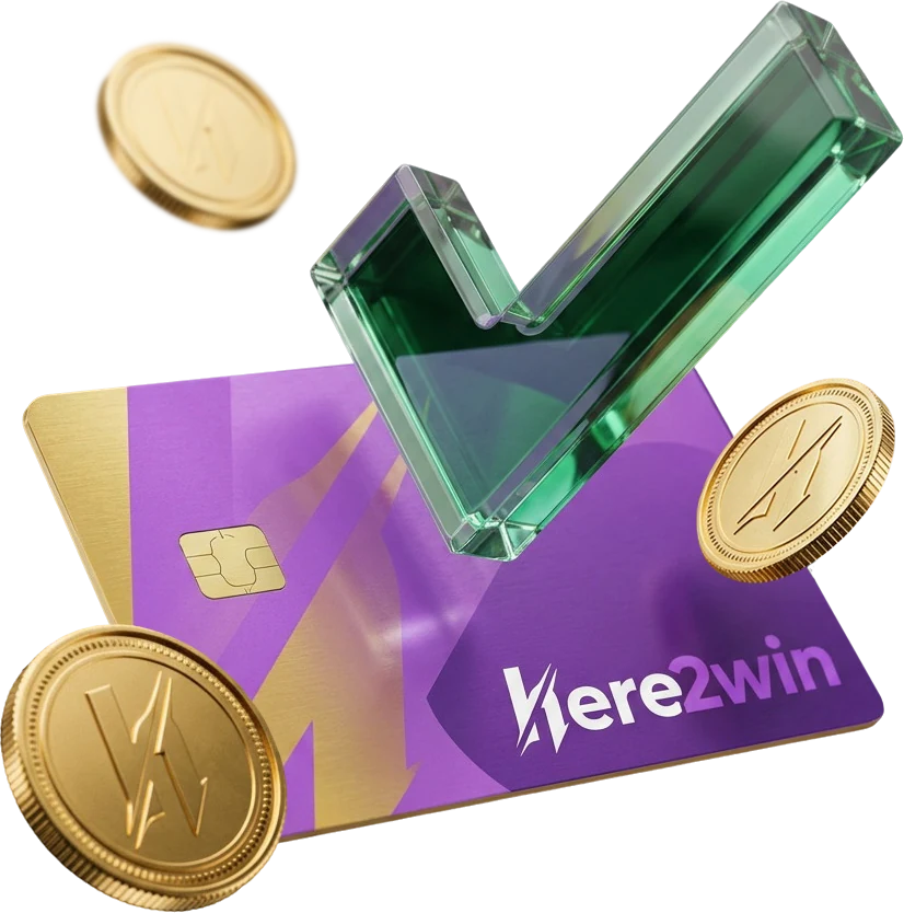 Purple-and-gold Here2Win branded account card