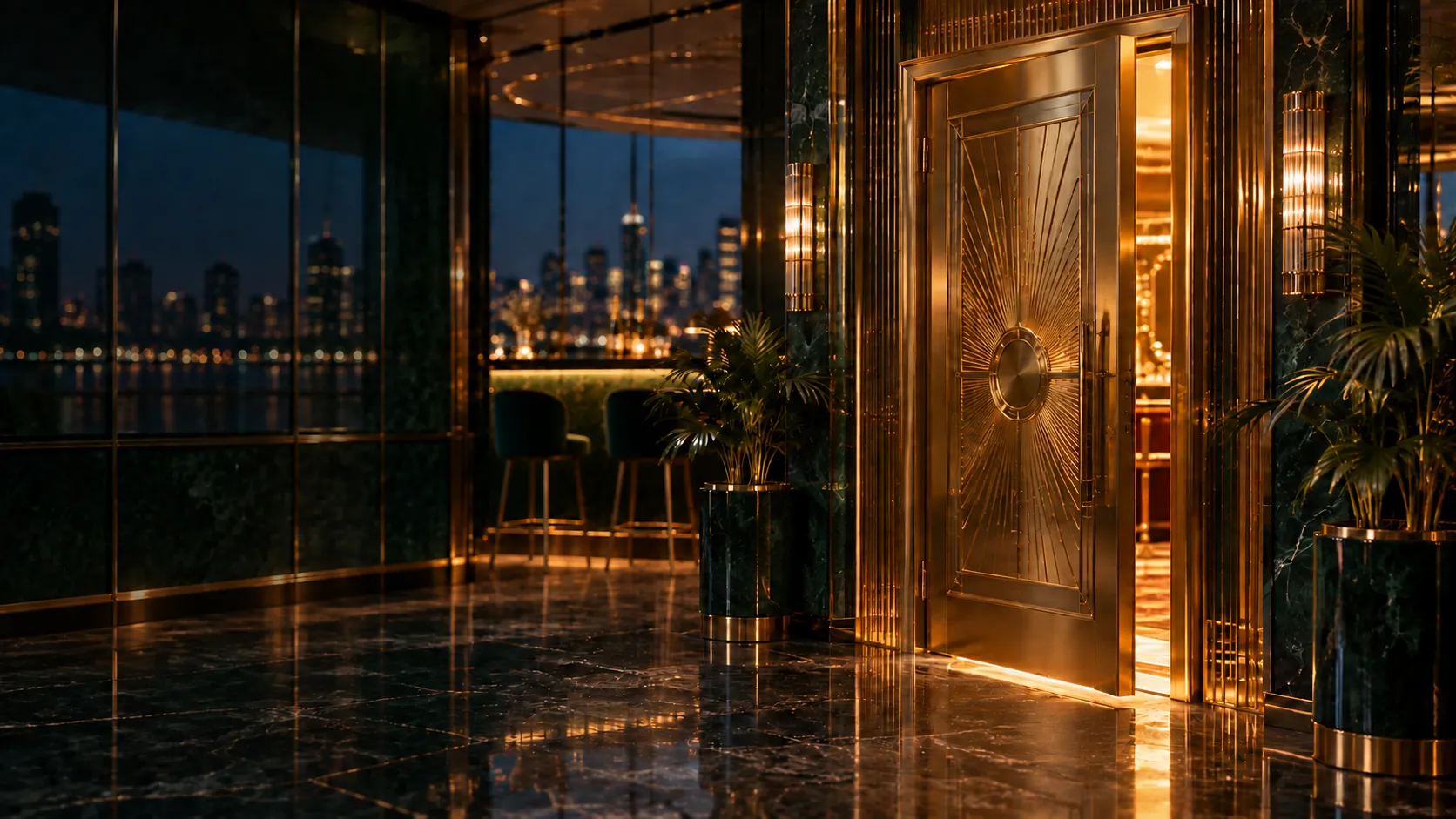 A golden door ajar inside a mirrored champagne bar, the entryway into your Here2Win Casino account