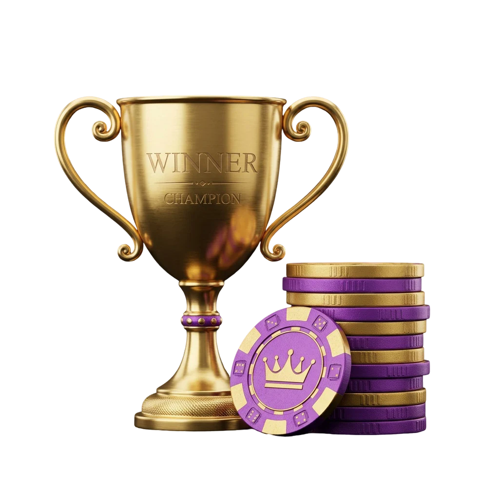 A gold trophy engraved Winner Champion beside a stack of coins, standing in for the operator and licence details reviewed here