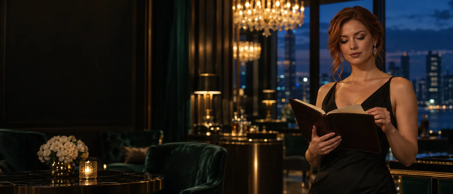 Woman holding an open guidebook in a private VIP casino room