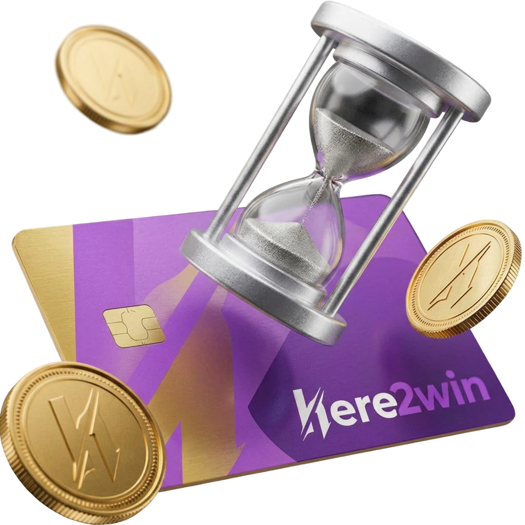Silver hourglass resting on a purple Here2Win bank card