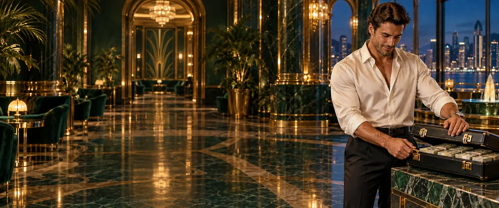 Man closing a briefcase of banknotes in a gold and marble foyer