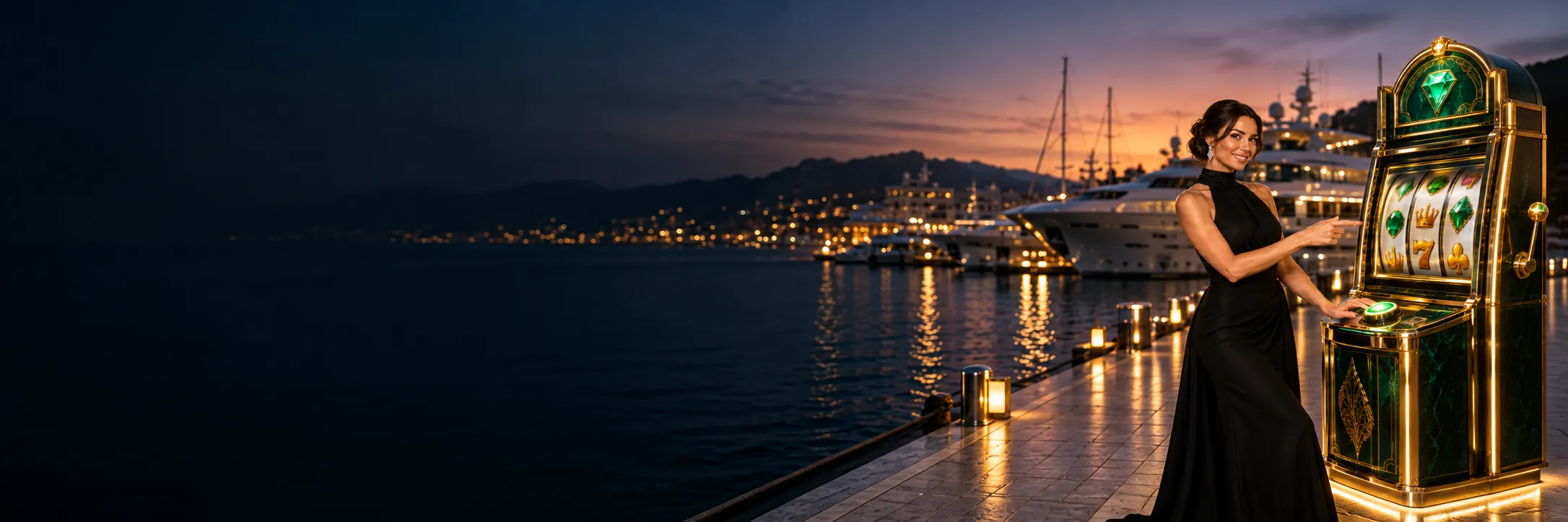 Woman beside a glowing slot machine at a golden-hour superyacht marina