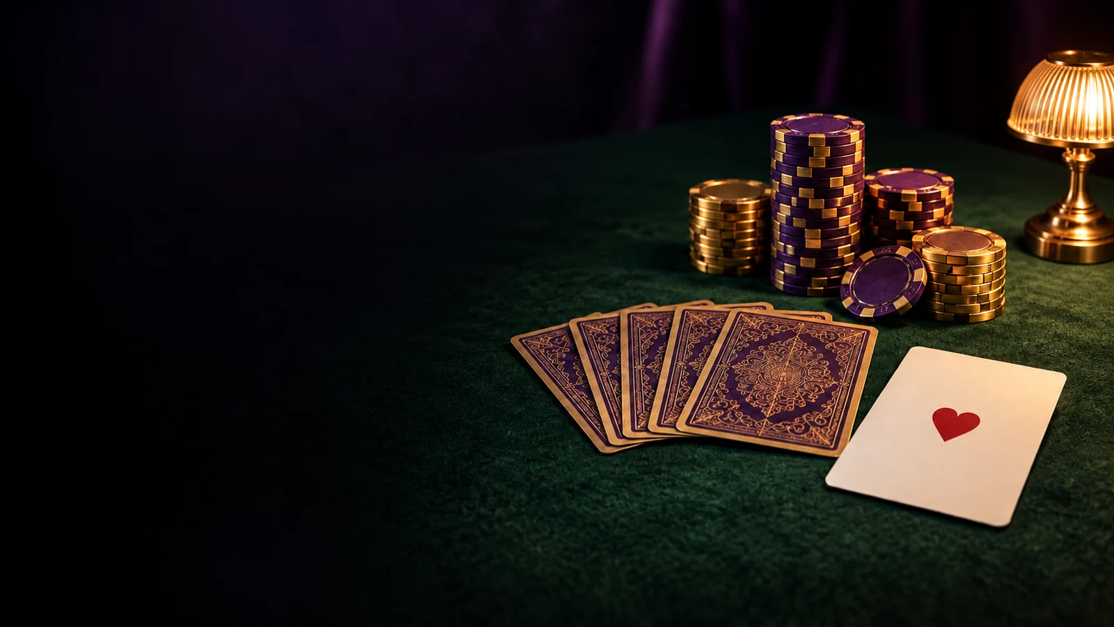 Casino chips and fanned playing cards on green felt