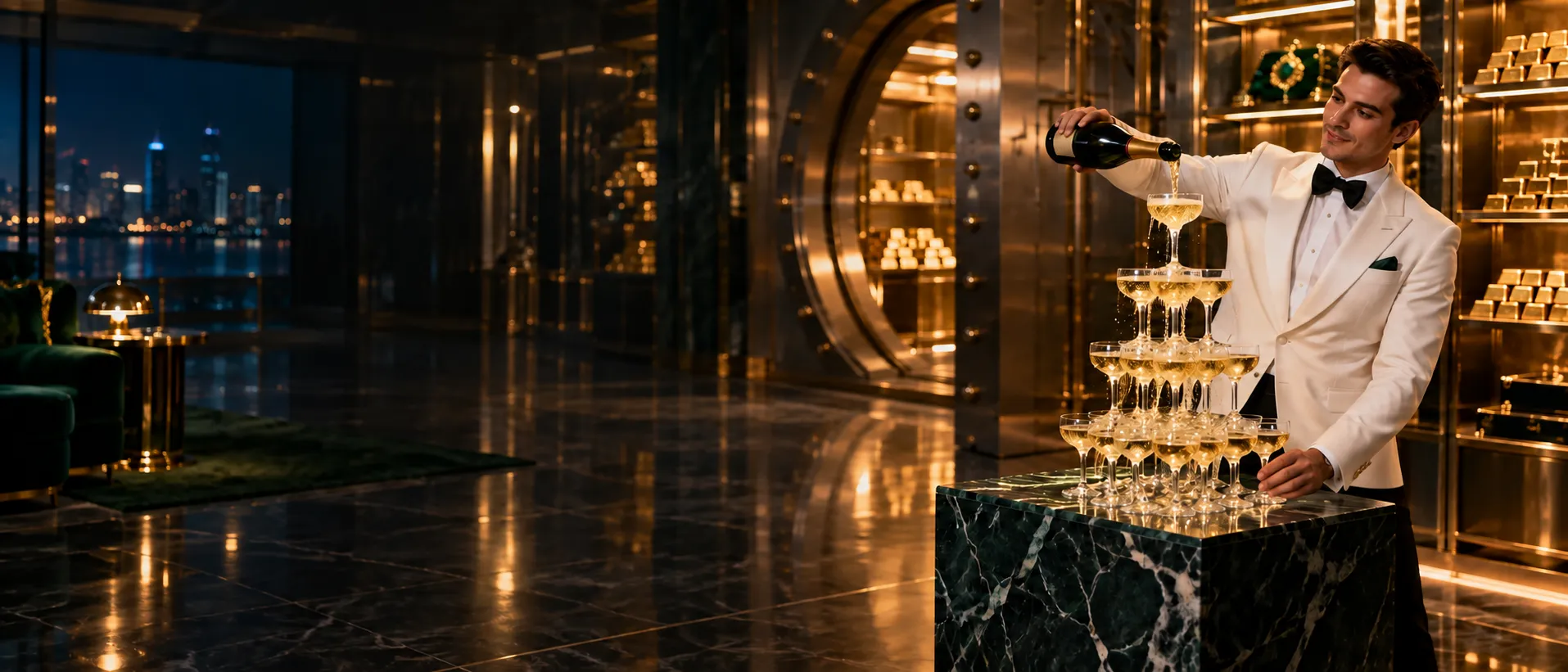 Man pouring champagne beside a glass tower in a gold vault, marking the Here2Win Casino welcome offer
