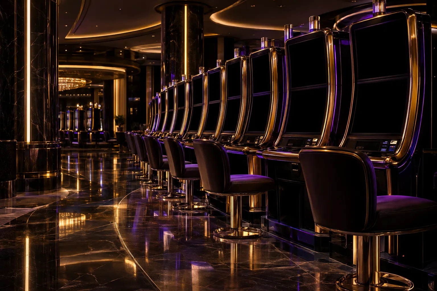 Rows of glowing slot machines on a casino floor