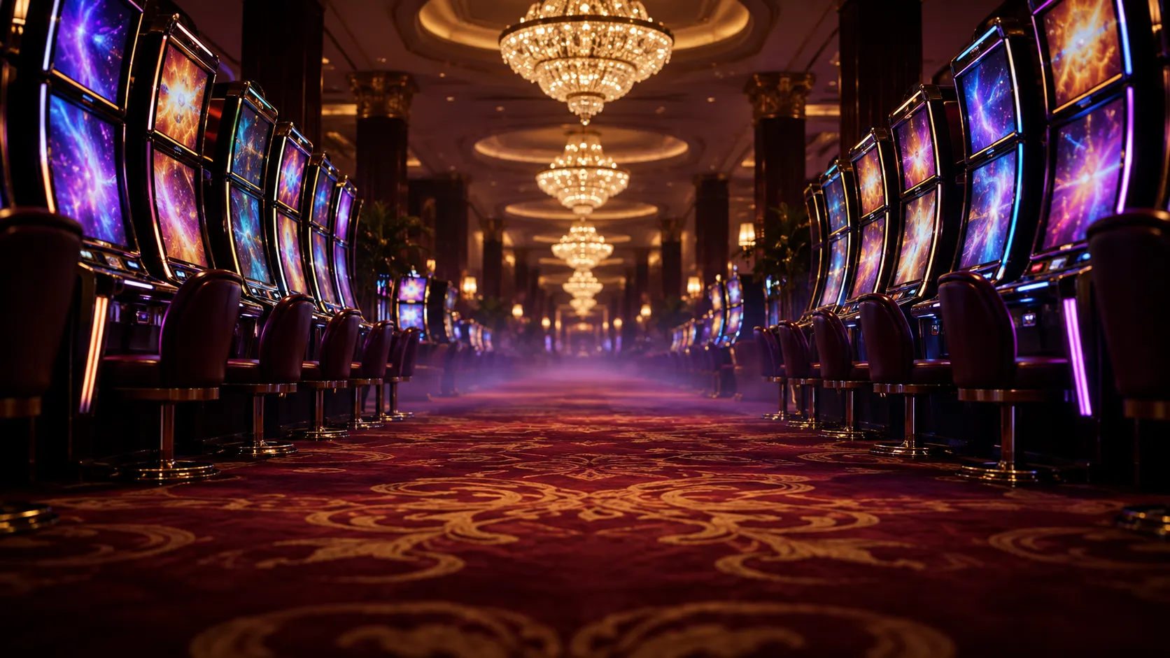 Empty luxury casino gaming hall lit at golden hour