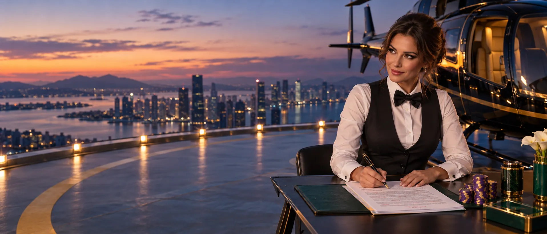 Croupier writing notes beside chips on a helipad at dusk